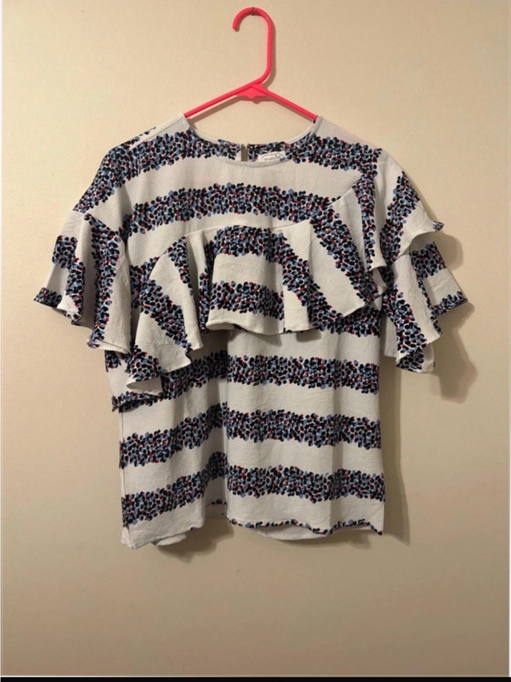 Mud Pie White Ruffle-Striped Polka Dot  Print Blouse